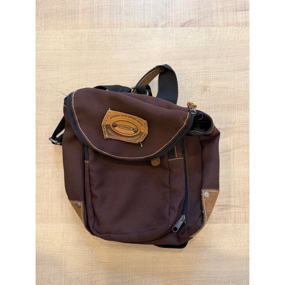 Vintage Fossil Brown Canvas Mini Backpack Utility Travel Bag Leather Trim Y2K